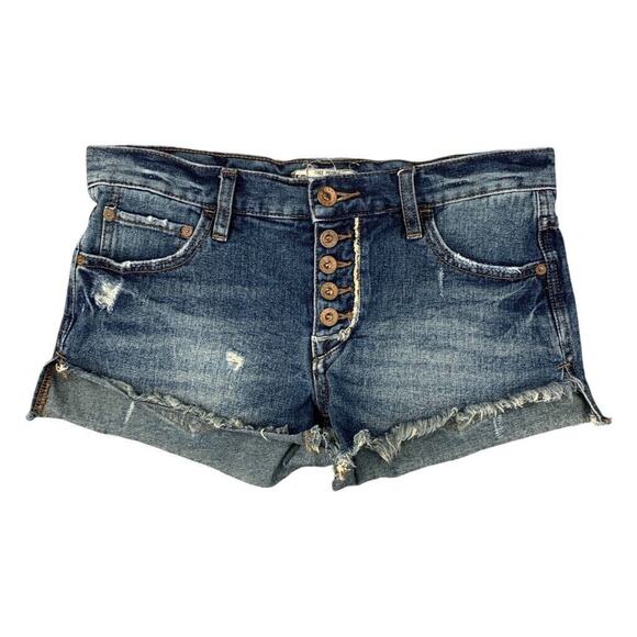 Free People Shorts Womens 24 Denim Distressed Exposed Button Fly Cuffed Raw Hem - Picture 1 of 11